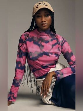 Anthropologie Mesh Pink Purple Turtleneck Top - Small - Like New